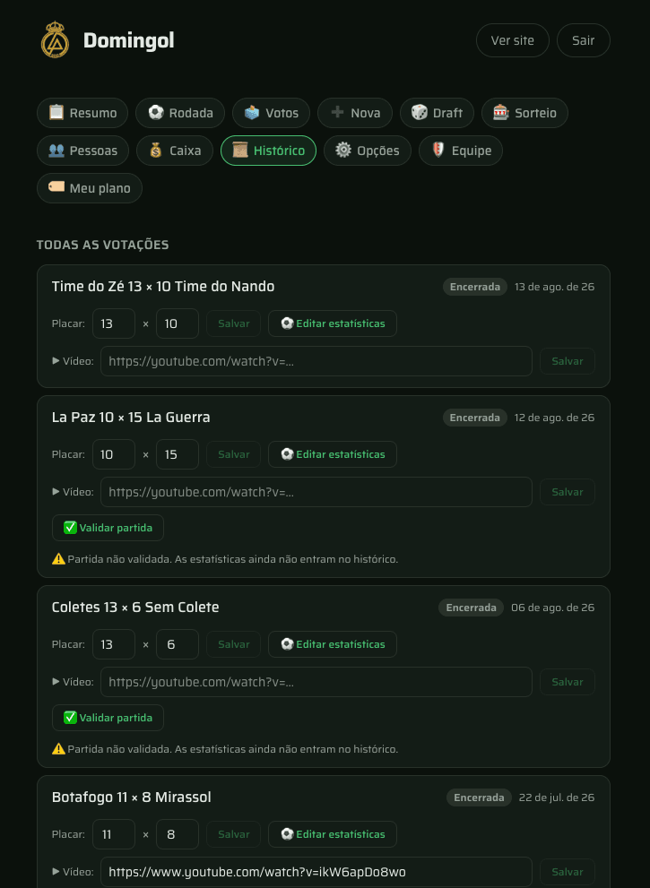 Tela de histórico de votações do Rachão Eleven