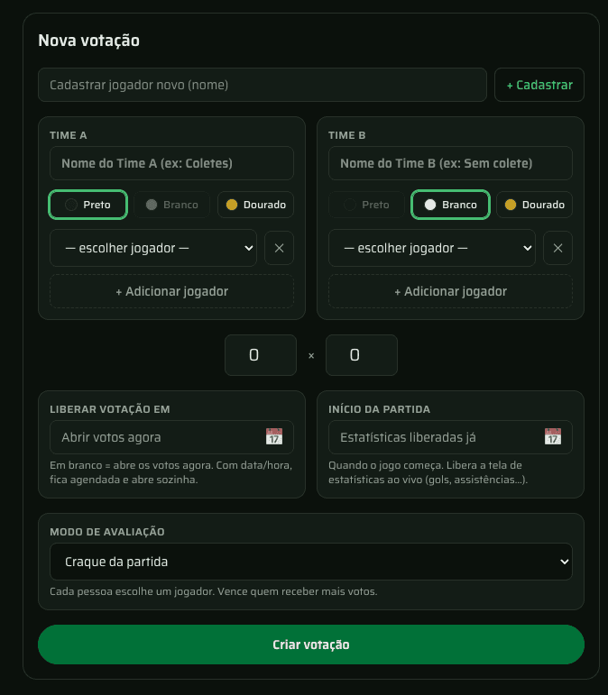 Tela de configuração da votação do Rachão Eleven
